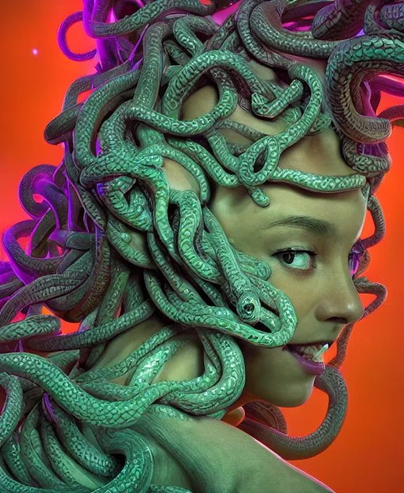 Image similar to beautiful medusa head highly detailed snakes, cosmic horror, abstract, ghostly, arcade, duotone, poltergeist, epic lighting, intricate, elegant, highly detailed, smooth, sharp focus, photo real, ultra realistic, unreal engine 5, raytracing, in the style of beeple and mike winkelmann, ultraviolet colors