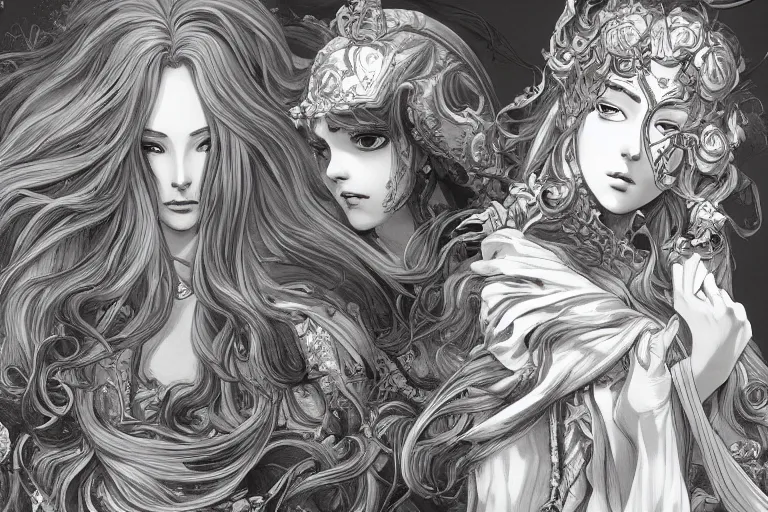 Prompt: baroque style, elegant, long hair concept art, fancy clothing, fancy room interior, highly detailed, artstation, behance, deviantart, inspired by innocent manga, inspired by castlevania concept art, trending, ayami kojima, shinichi sakamoto