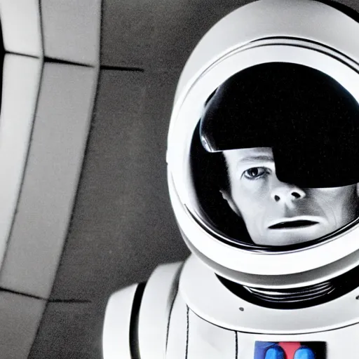 Image similar to film still of David Bowie as David Bowman in 2001 a space odyssey, 4k