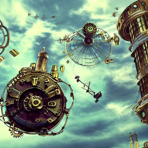 Prompt: flying city in a mechanical flower, sky, steampunk, fantasy art, steampunk, masterpiece, octane