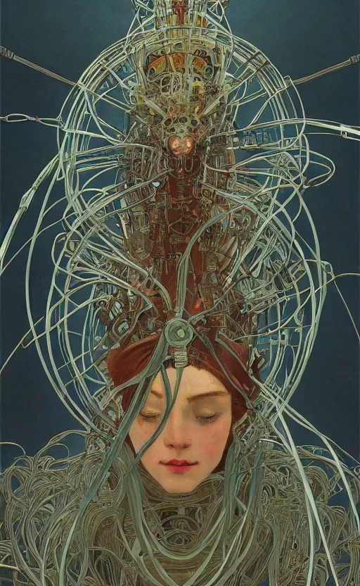 Image similar to upper half portrait of army mecha robot - wires and vines as poster design borders, art by alphonse mucha & zdzisaw beksinski, highly detailed, digital painting, concept art, illustration, smooth sharp focus, intricate, symmetry, artstation, colourful,