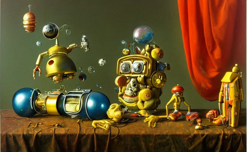 Image similar to strange robot body, disturbing colorful oil painting dutch golden age vanitas still life sparse composition with bizarre objects strange gooey transparent surfaces shiny metal reflections lady bugs rachel ruysch dali todd schorr very detailed perfect composition rule of thirds masterpiece canon 5 0 mm, cinematic lighting, photography, retro, film, kodachrome