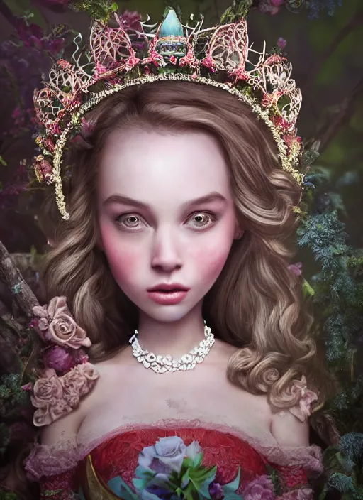 Image similar to closeup face profile portrait of a fairytale princess wearing a crown eating cakes, bikini, depth of field, zeiss lens, detailed, symmetrical, centered, fashion photoshoot, by nicoletta ceccoli, mark ryden, lostfish, breathtaking, 8 k resolution, extremely detailed, beautiful, establishing shot, artistic, hyperrealistic, octane render
