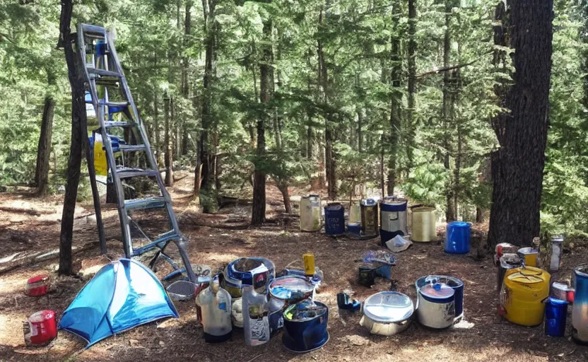 Prompt: a ladder next to a huge pile of beer cans and camping garbage camping tents and forest trees beautiful day