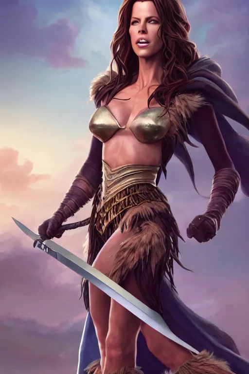 Prompt: an epic comic book style full body portrait painting of kate beckinsale as an amazon with a long sword, elegant, character design by Mark Ryden and Pixar and Hayao Miyazaki, unreal 5, DAZ, hyperrealistic, octane render, cosplay, RPG portrait, dynamic lighting, intricate detail, summer vibrancy, cinematic