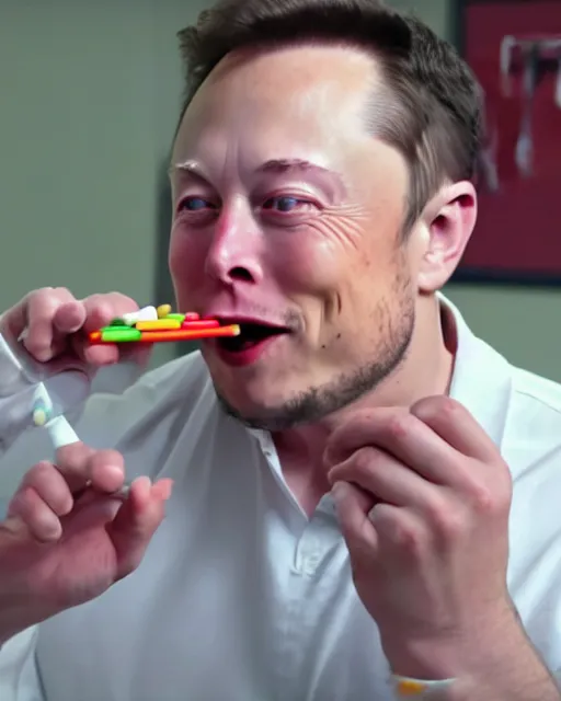 Image similar to a man eating crayons with a fork, elon musk, 4 k, high quality, crayons served on a plate