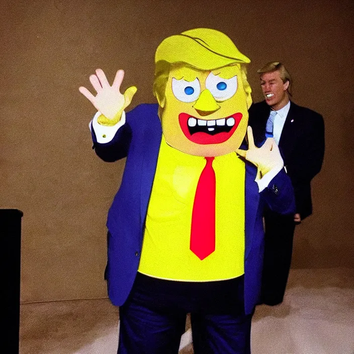 Image similar to ps 2 donald trump dressed like spongebob. play station 2 graphics
