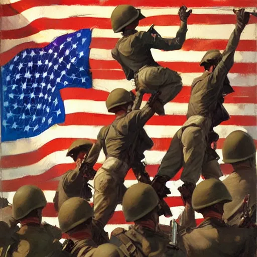 Prompt: greg manchess painting of a propganda poster of a group of soldiers raising the american flag, painting, trending on artstation, by huang guangjian and gil elvgren and sachin teng