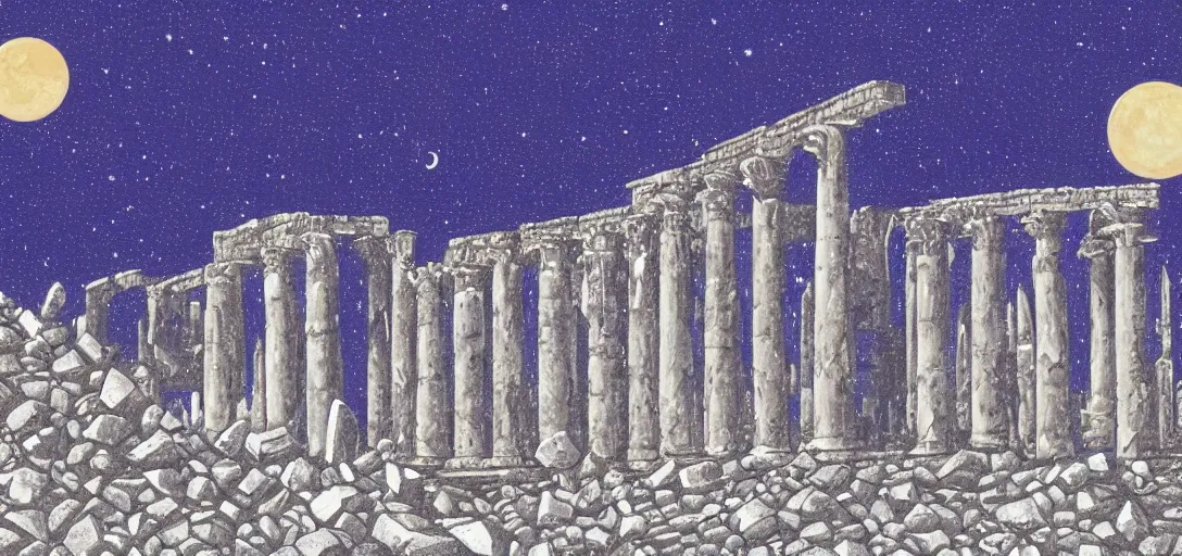 Image similar to The ruins of the Silver Millennium on the moon from Sailor Moon, digital painting, Earth in the distance, Greek-esque columns and ruins, grey sand