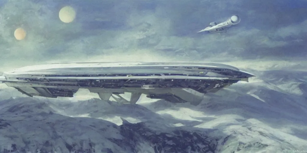 Prompt: white giant spaceship starship battlestar airship in center on tansy wormwood field, snowy mountain afar by Fernand Khnopff by john berkey, oil painting, concept art