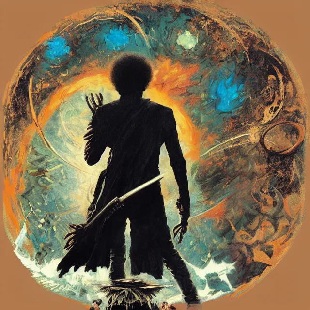 Image similar to jimi hendrix standing in a circle at the beginning of the world by greg rutkowski and frank frazetta and peter mohrbacher and william blake and dan mumford