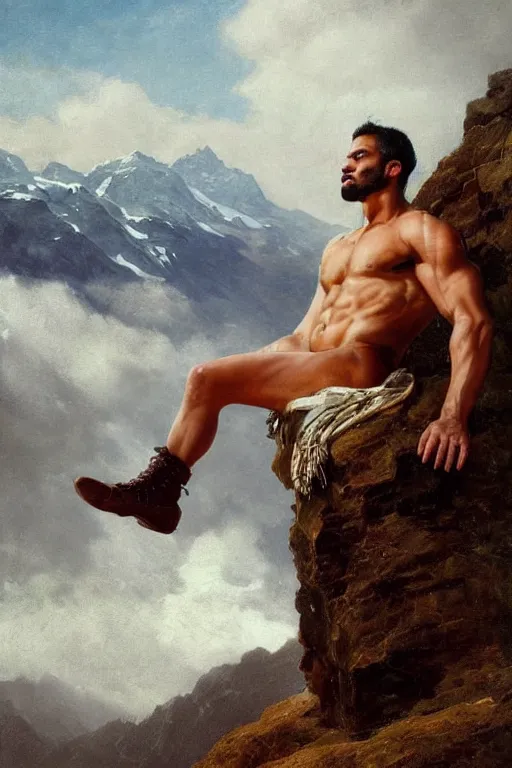 Prompt: a homoerotic portrait by greg rutkowski and albert bierstadt and bill ward of a buff shirtless desi hiker on a mountain peak | he is wearing a revealing tartan kilt, cowboy hat, and leather boots | background is snowy mountains and clouds | detailed face, ethereal, dreamlike | trending on artstation