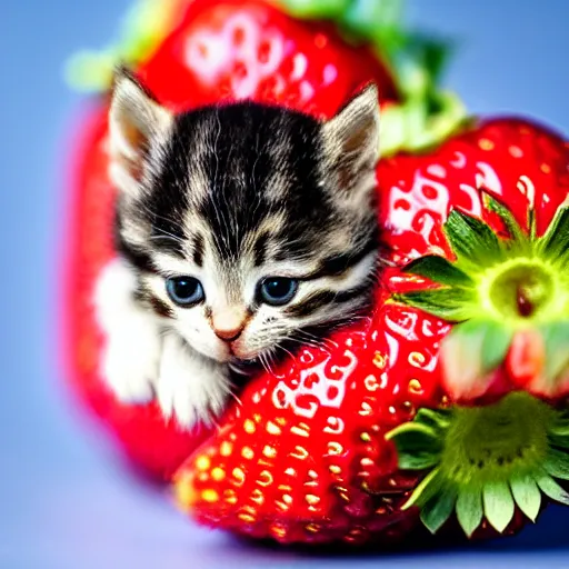Prompt: macro shot photograph of an extremely tiny baby kitten on top of a strawberry that is bigger than it