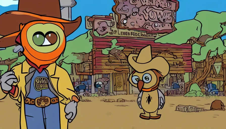 Image similar to 2000s cartoon show screenshot about a gunslinging owl from the wild west, wearing a cowboy hat an eye mask, standing in an old west town the animated show, in the style of cowboys of moo mesa