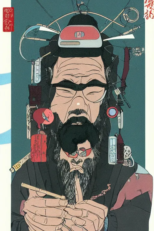 Prompt: awe-inspiring 1980s Japanese cyberpunk style illustration of a grandfather with a beard sitting on the floor by Masamune Shiro and Katsuhiro Otomo, studio ghibli color scheme, dark, complex