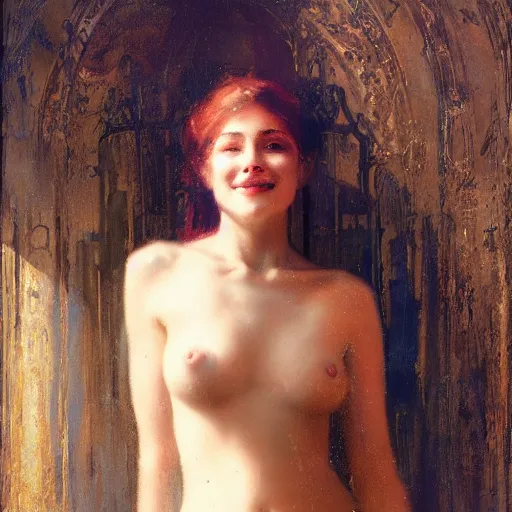 Image similar to beautiful portrait of a young woman, smiling, radiant light, caustics, reflective light, by gaston bussiere, bayard wu, greg rutkowski, giger, maxim verehin