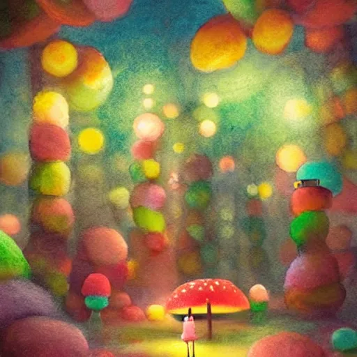 Image similar to a matte digital painting of a candy forest at night, bokeh, bright colours, watercolor, volumetric wool felting, macro photography, children illustration, by goro fujita