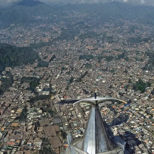 Image similar to remarkable airplane view of a cyberpunk mayan city in guatemala and it is graced by a huge sacred futuristic cyberpunk temple