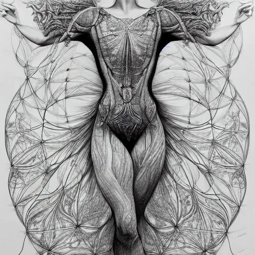 Image similar to hyper detailed bw linear pencil drawing, woman ballet dancer, organic symmetric shapes by ernst haeckel