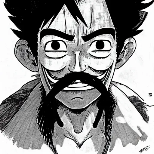 Image similar to [ luffy with mustache ] ( by kim jung gi ) ( by george morikawa ) ( by kentaro miura ) ( by eiichiro oda )