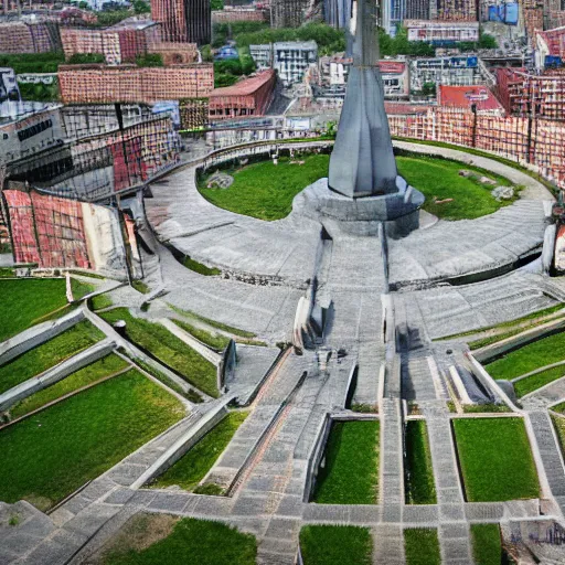 Image similar to aerial view of brutalist monument ( ( ( ( park ) ) ) ) spomenik, ( ( railings ) ), photo, 4 k