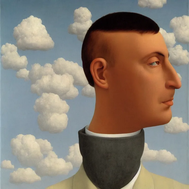 Image similar to portrait of a man whos head is a cloud, by rene magritte, detailed painting, hd, hq, high resolution, high detail, 4 k, 8 k