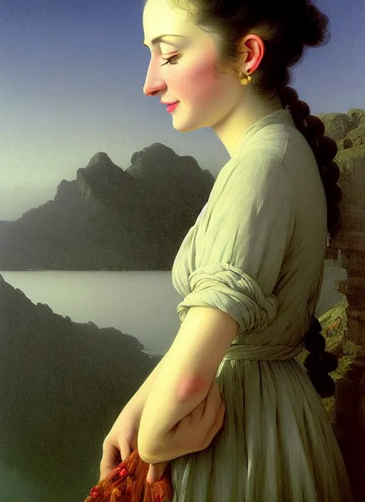 Prompt: hyper detailed 3 d render like a oil painting - cute portrait of a brunette named emma, italian looking, looking at camera, symmetrical face, long brunette hair, nose ring, a smiling cow looking over her shoulder by ryden, kawase hasui, dorothea tanning, edward hopper and james gilleard, aivazovsky, beksinski, outram, artstation