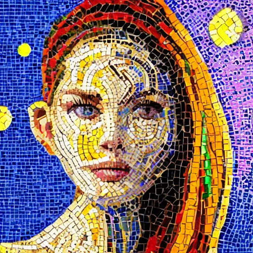 Image similar to mosaic portrait of a beautiful cute young girl with robot ears, 4k, intricate details, digital, sun in the background