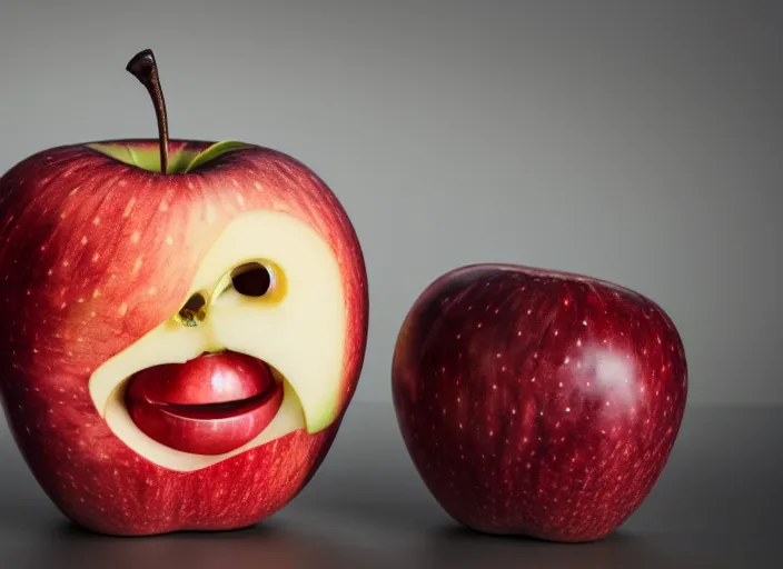 Image similar to photo still of an apple with human teeth, 8 k, studio lighting bright ambient lighting key light, 8 5 mm f 1. 8