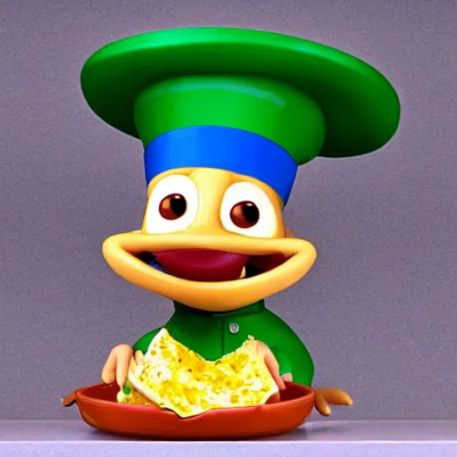 Prompt: pixar style cute platypus on a kitchen wearing a chef hat and holding a lasagna into an over, with three basil leaves over the lasagna, pixar style, 3 d, ratatouille style