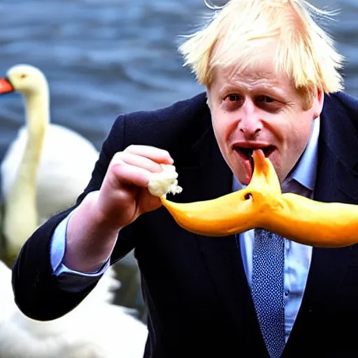 Image similar to boris johnson eating a swan, photograph