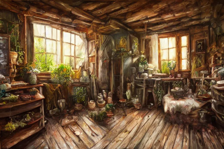 Image similar to expressive rustic oil painting, interior view of a cluttered herbalist cottage, waxy candles, wood furnishings, herbs hanging, light bloom, dust, ambient occlusion, rays of light coming through windows, dim lighting, brush strokes oil painting