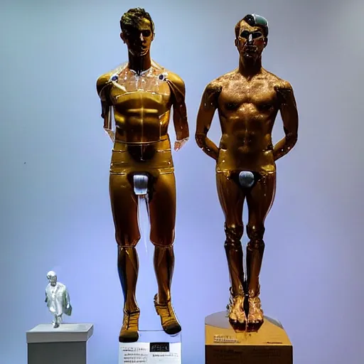 Image similar to “a realistic detailed photo of a guy who is an attractive humanoid who is half robot and half humanoid, who is a male android, British diver Jack Laugher & Chris Mears, shiny skin, posing like a statue, blank stare, at the museum, on display”