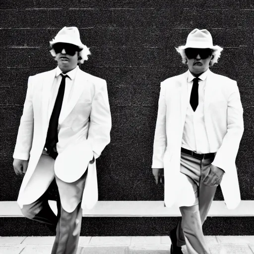 Prompt: blues brothers walking towards camera with white background. wearing suits. strong shadows. high contrast. serious look. carrying a pistol