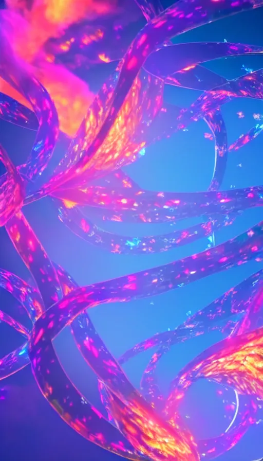 Image similar to 8 k uhd houdini recursive dna structure, background radiant swirling smoke wisps, dreamy colors, magical volumetric lighting, 1 8 mm lens