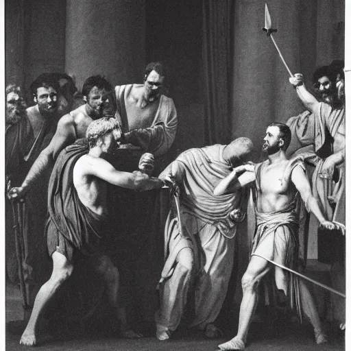 Image similar to a cheap film photograph of Roman Senators stabbing Julius Caesar in the back