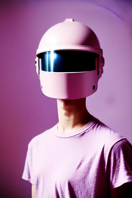 Prompt: a high definition film photograph of a normal androgynous robot human wearing a plain white t - shirt, in a pastel pink room. happy. metal visor covering eyes. reflective chrome coloured helmet. crushed shadows.