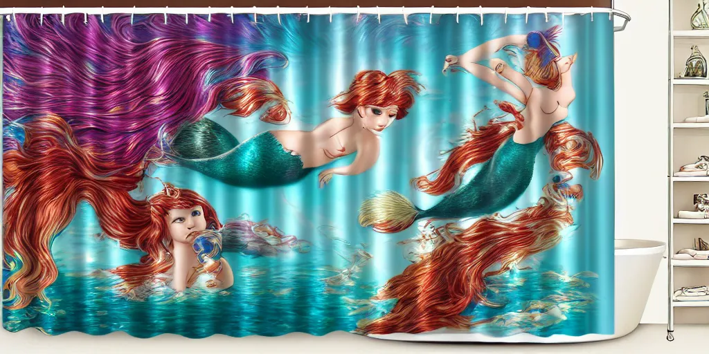 Image similar to a ( ( main coon kitten ) ) little mermaid themed shower curtain, shower curtain product photography. digital art. 4 k, highly detailed. saturated.