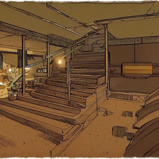 Image similar to an illustration of a brown basement by moebius