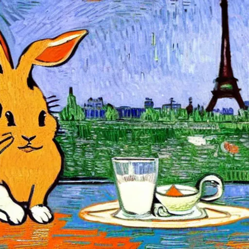 Image similar to a rabbit drinking milk in a paris cafe, eiffel tower visible in the background, in the style of van gogh