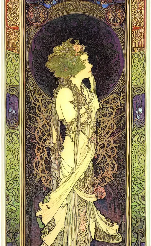 Image similar to the empress, tarot, beautiful border, by alfons maria mucha, highly detailded