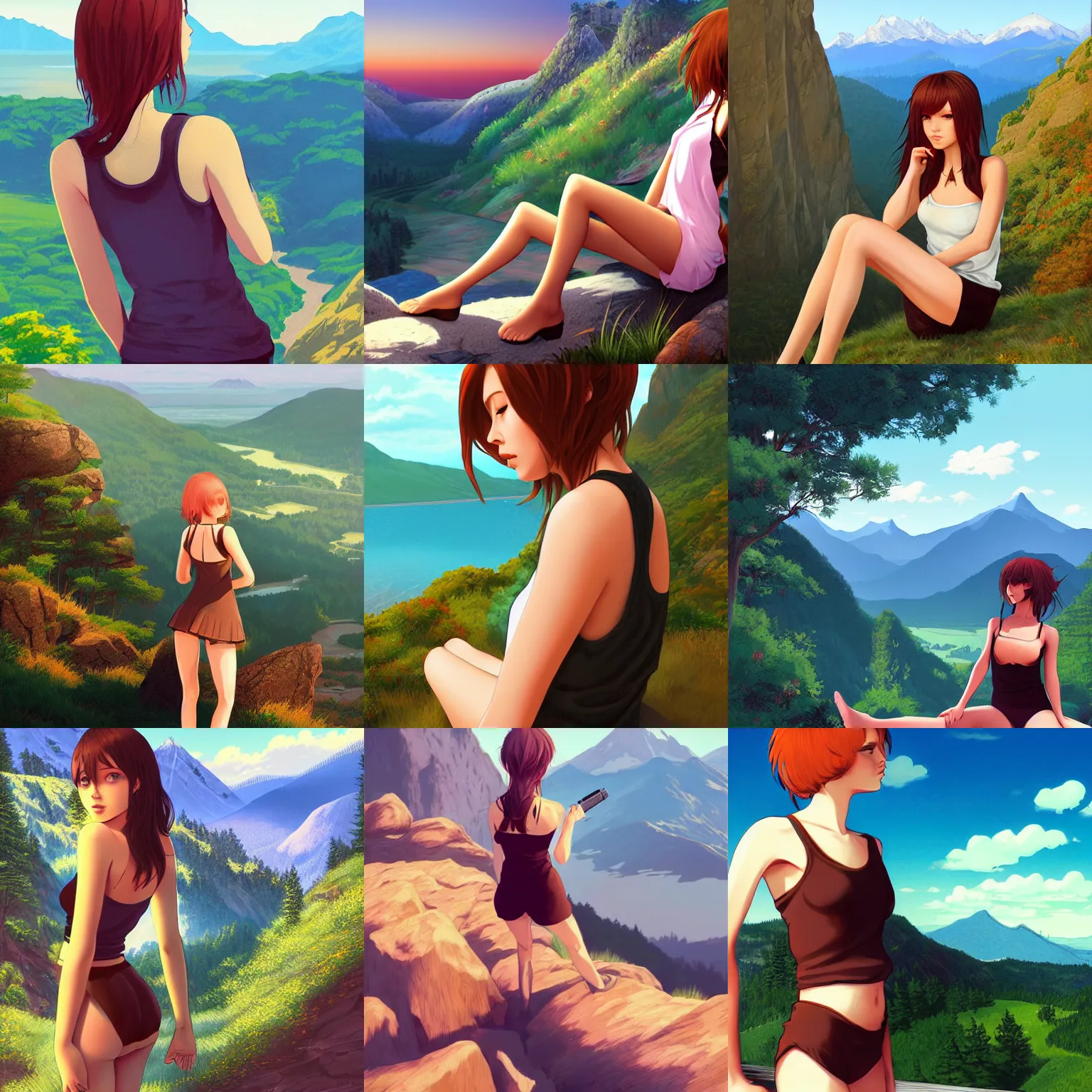 Prompt: sexy girl, wearing : tanktop, hair : long brown, extra : scenic view and mountain landscape, artstyle : ilya kuvshinov