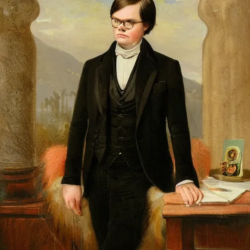 Image similar to portrait of dwight schrute wearing a tuxedo and smirking, as painted by augustus edwin mulready