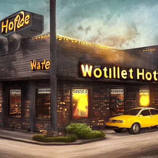 Prompt: a matte painting of a Waffle House inside of Mordor,