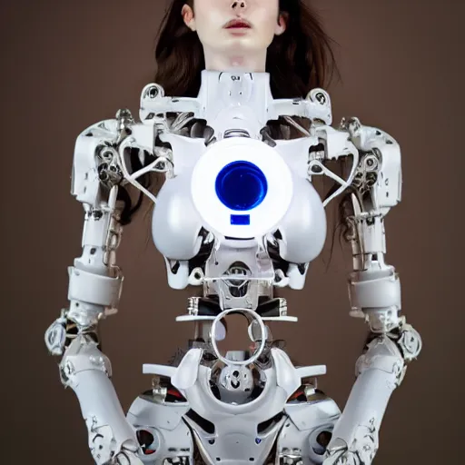 Image similar to beautiful Fine art photo portrait of enraptured Sarah Mcdaniel as a solarpunk robotic goddess, white mechanical parts with led lights, photorealistic, white background, highly detailed and intricate, studio lighting, HDR 8k