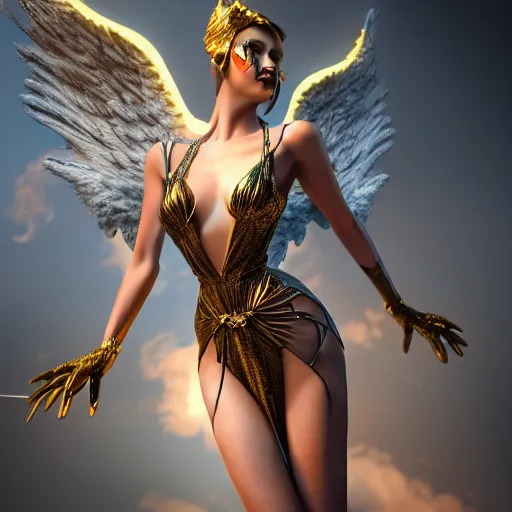 Image similar to fantasy angel with wings inspired avant - garde art, deco fashion, highly detailed, photorealistic portrait, bright studio setting, studio lighting, crisp quality and light reflections, unreal engine 5 quality render