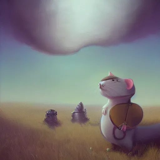 Image similar to Cloud Champion Hamster knight roaming the windswept field simon stalenhag aubrey beardsley edson campos christopher lovell jeff simpson allison carl hiro izawa paul chadeisson pastel painting