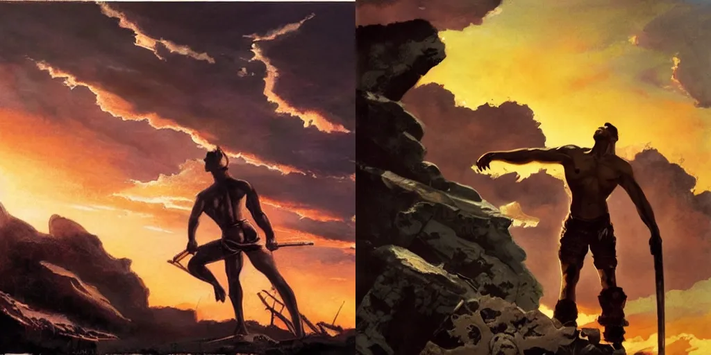 Prompt: dramatic sunset and dramatic sky , lone muscular man on his knees in the middle of the sun , painting by frazetta, low angle perspective, postapocalyptic panorama.asthetics !