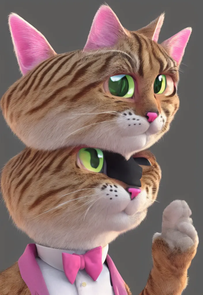Prompt: 3d render , anthropomorphic male tabby cat,wearing a pink tux ,style of Zootopia, 8K HD Resolution, High quality image