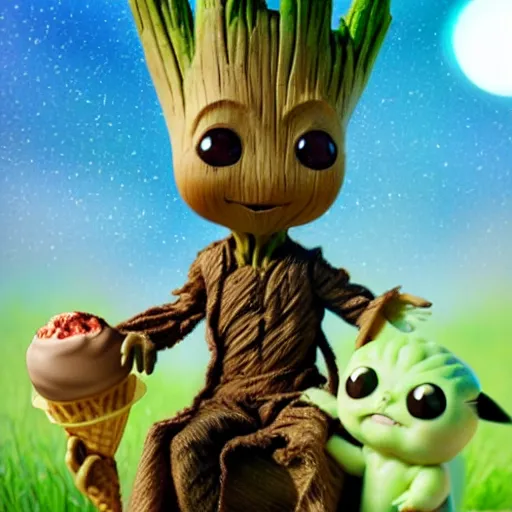 Prompt: Groot and baby Yoda eating an ice cream. In the back we see Pikachu, very detailed and beautiful lighting !highly detalied, 8k, artstation, by Rolf Armstron